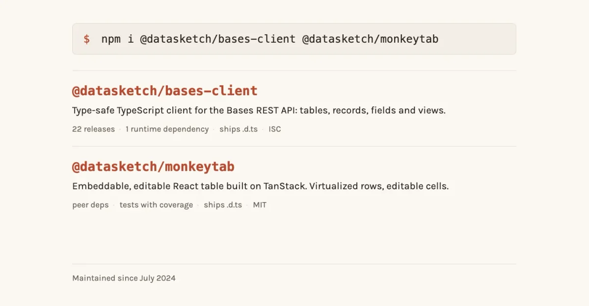 Screenshot of the Published npm packages site
